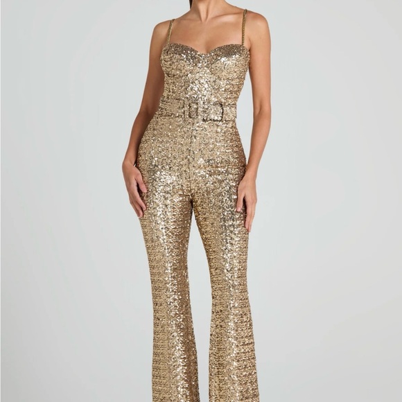 NADINE MERABI Pants - Nadine Merabi Lucinda Gold Sequin Jumpsuit